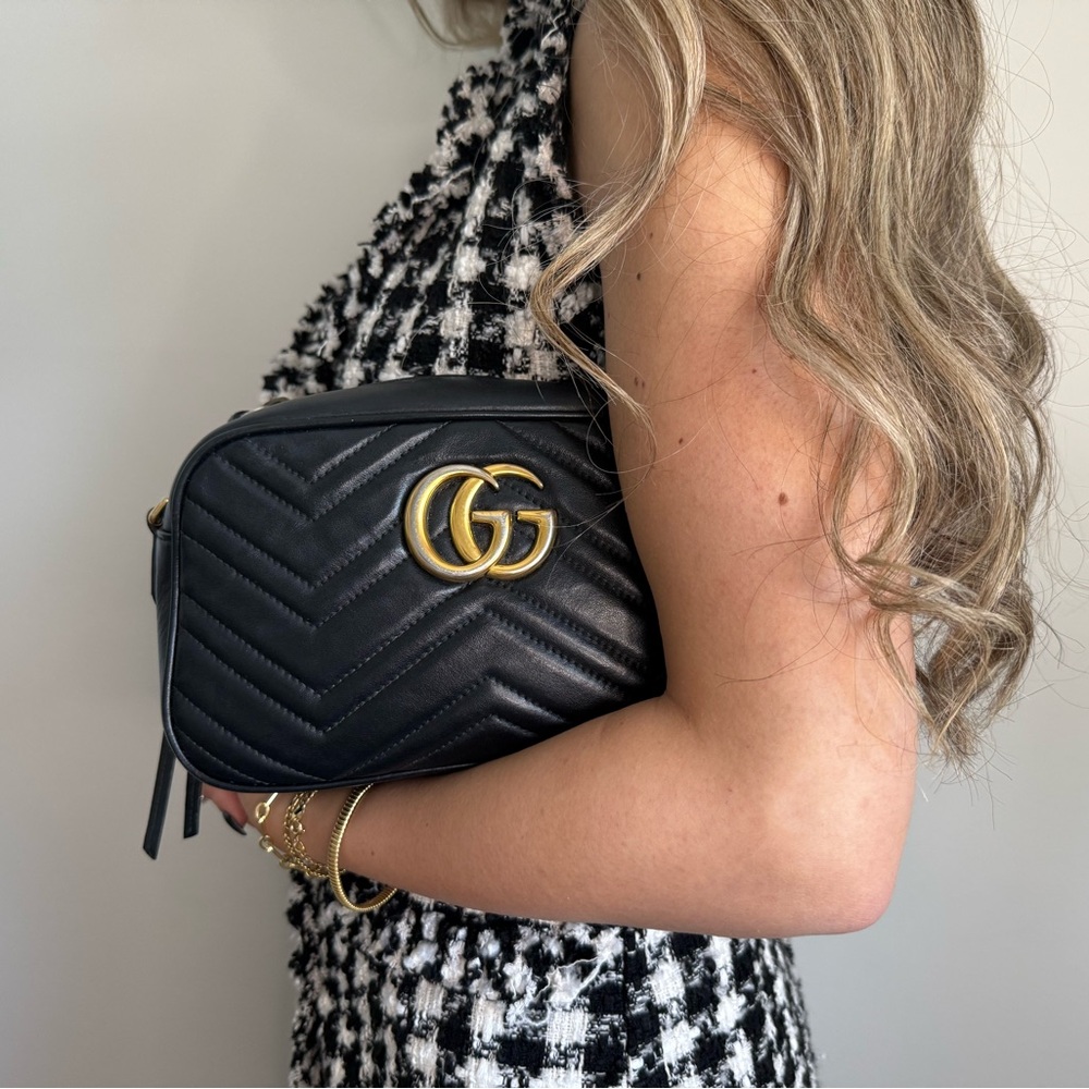 Gucci Black Chevron GG Marmont Crossbody Bag with Gold Hardware